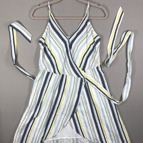 LOFT Wrap Dress Women's 2 Blue White Yellow Striped Mini Belted Spaghetti NWT - Picture 1 of 10